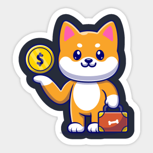 Cute Shiba Inu Dog With Gold Coin And Suitcase Cartoon Sticker